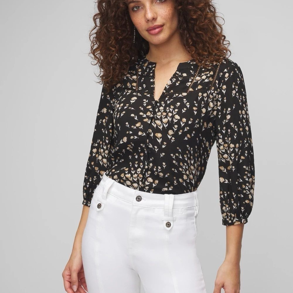 White House Black Market Floral Black Blouse Size XSMALL